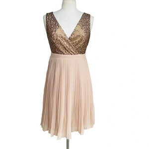 MM COUTURE By Miss Me Sz M Beige Bronze Sequins Sleeveless Pleats Cocktail Dress